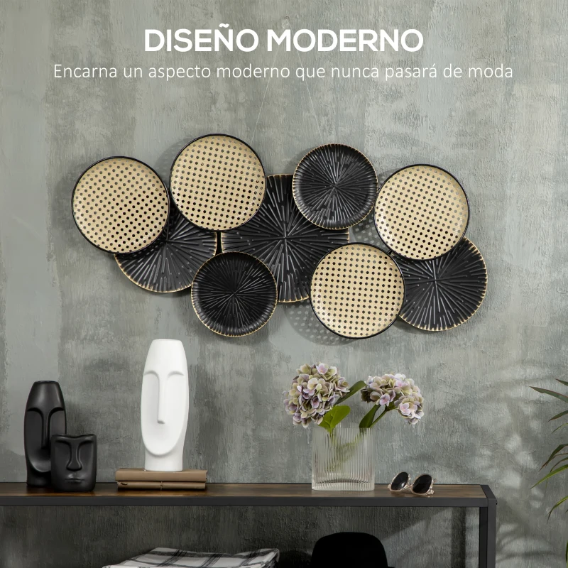 HOMCOM Decoración de Pared de Metal 3D Diseño de Círculos Adorno de Pared Metálico para Salón 100x48 cm Negro y Marrón