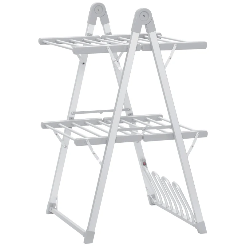 HOMCOM Estendal Elétrico Dobrável de 2 Níveis 210W Secador de Roupa com Suporte para 2 Sapatos 66x64x101cm Prata