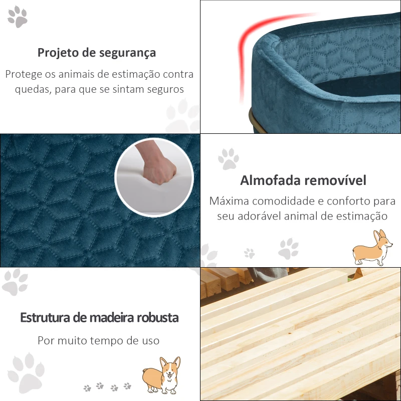 PawHut Sofá para Animais de Estimação em Veludo Cama para Cães e Gatos Pequenos com Almofada Suave Lavável Base de Metal e Bordas Elevadas 63,5x43x24,5cm Azul