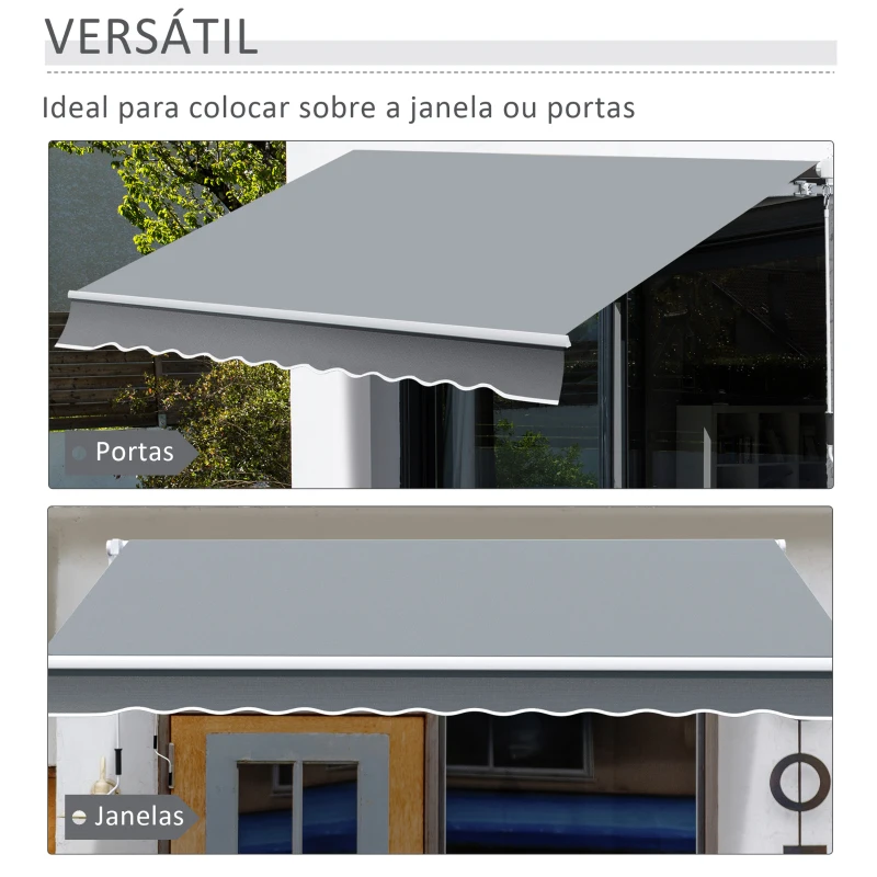 Outsunny Toldo Manual Retrátil com Manivela 295x245cm Toldo Enrolável Alumínio com Proteção Solar para Janela Portas Balcão Terraço Exterior Cinza
