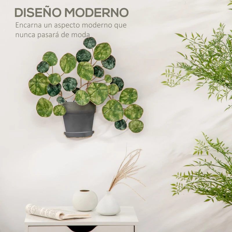 HOMCOM Decoración de Pared de Metal 3D de Planta con Maceta Adorno de Pared Metálico para Salón 46x38 cm Verde y Negro