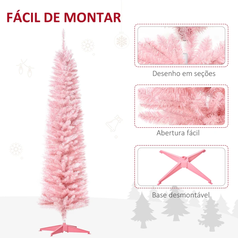 HOMCOM Árvore de Natal Artificial 180cm Ignífugo com 390 Ramos de PVC e Suporte de Metal Decoração de Natal para Interiores Rosa