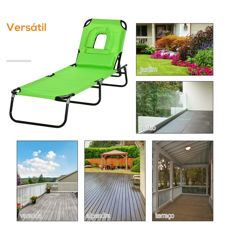 Outsunny Espreguiçadeira Dobrável com Encosto Ajustável em 4 Posições Espreguiçadeira de Jardim com Almofada Estrutura de Aço Tecido Oxford para Acampamento Praia Terraço 190x56x28cm Verde