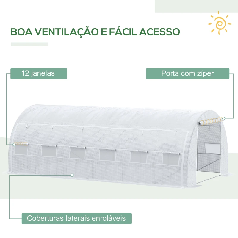 Outsunny Estufa Tipo Túnel de Jardim 6x3x2m com Porta Enrolável 12 Janelas Cobertura de PE 140g/m² e Metal Galvanizado para Cultivos de Plantas Verduras Branco