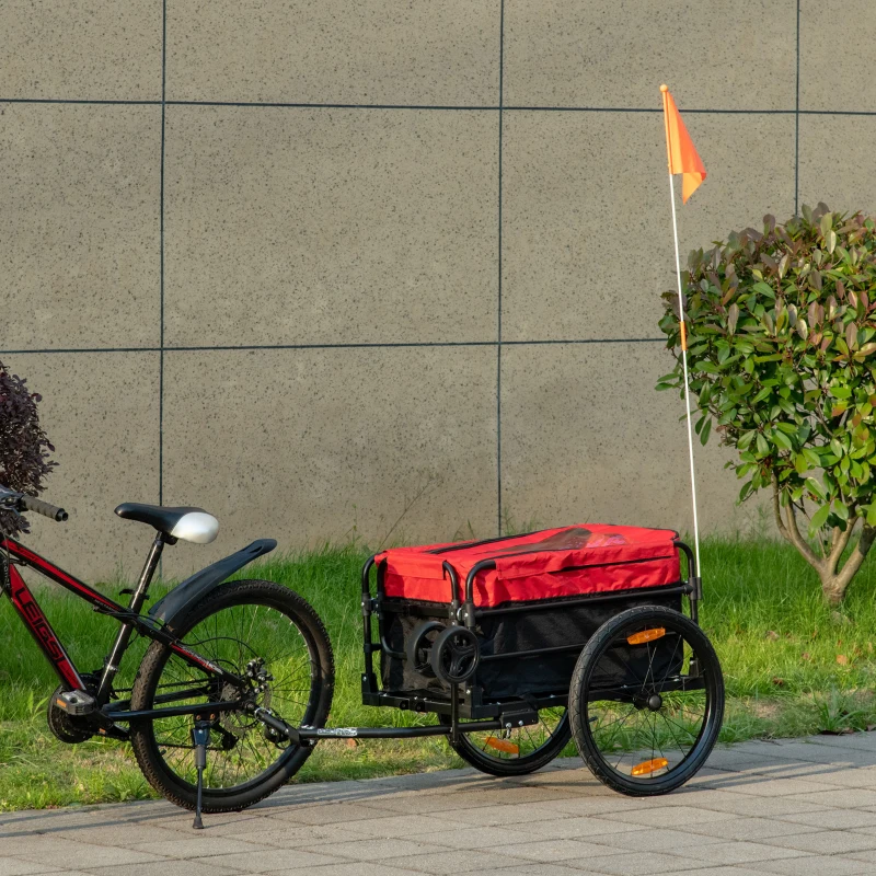 HOMCOM Reboque de Bicicleta para Carga 40kg Carrinho de Transporte com Bandeira Guiador Desmontável Estrutura de Aço e Refletores 130x64x103cm Preto e Vermelho