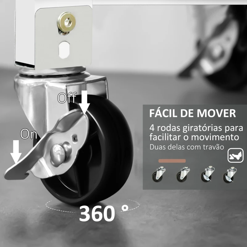 HOMCOM Carrinho de Cozinha com Rodas 1 Gaveta 2 Cestas Removíveis Prateleira Inferior Pendurar Carga 22,7kg 63x40x86cm Branco