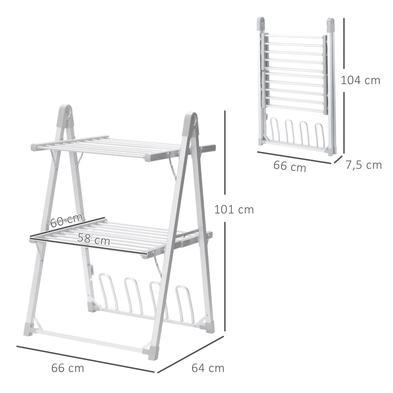 HOMCOM Estendal Elétrico Dobrável de 2 Níveis 210W Secador de Roupa com Suporte para 2 Sapatos 66x64x101cm Prata