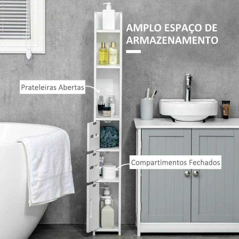 kleankin Coluna Casa de Banho com 3 Portas e 3 Prateleiras Abertas Coluna Auxiliar  Estilo Moderno 15x17x120cm Branco