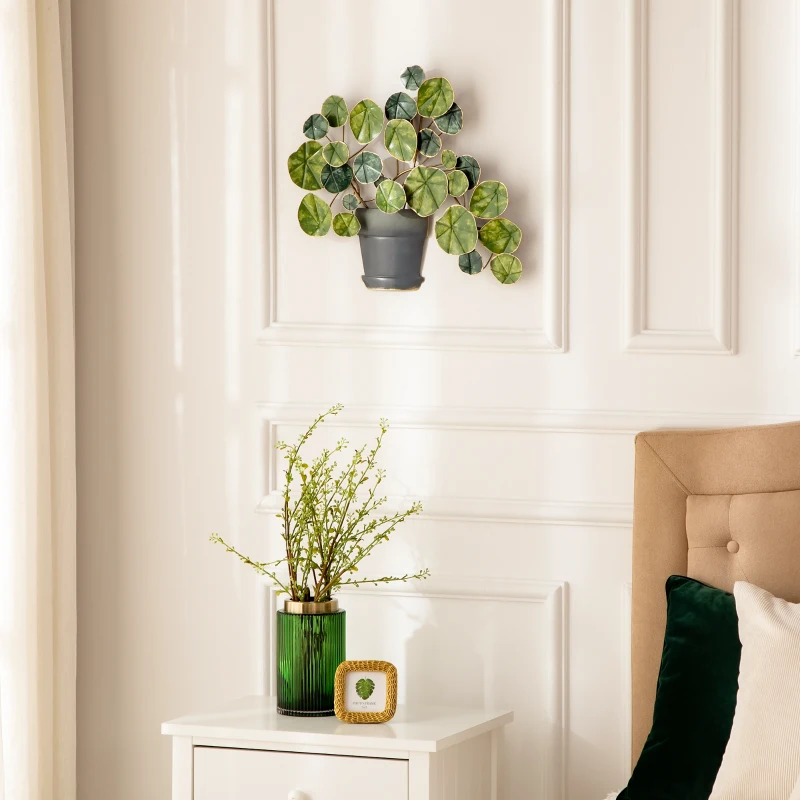 HOMCOM Decoración de Pared de Metal 3D de Planta con Maceta Adorno de Pared Metálico para Salón 46x38 cm Verde y Negro