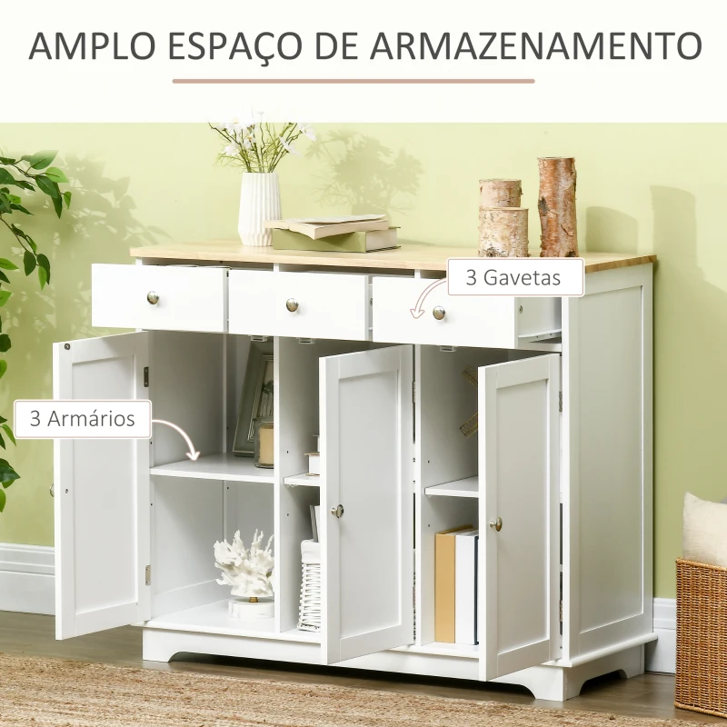 HOMCOM Aparador de Cozinha com 3 Gavetas 3 Portas e Prateleiras Ajustáveis Móvel Auxiliar de Armazenamento 101x40x85cm Branco