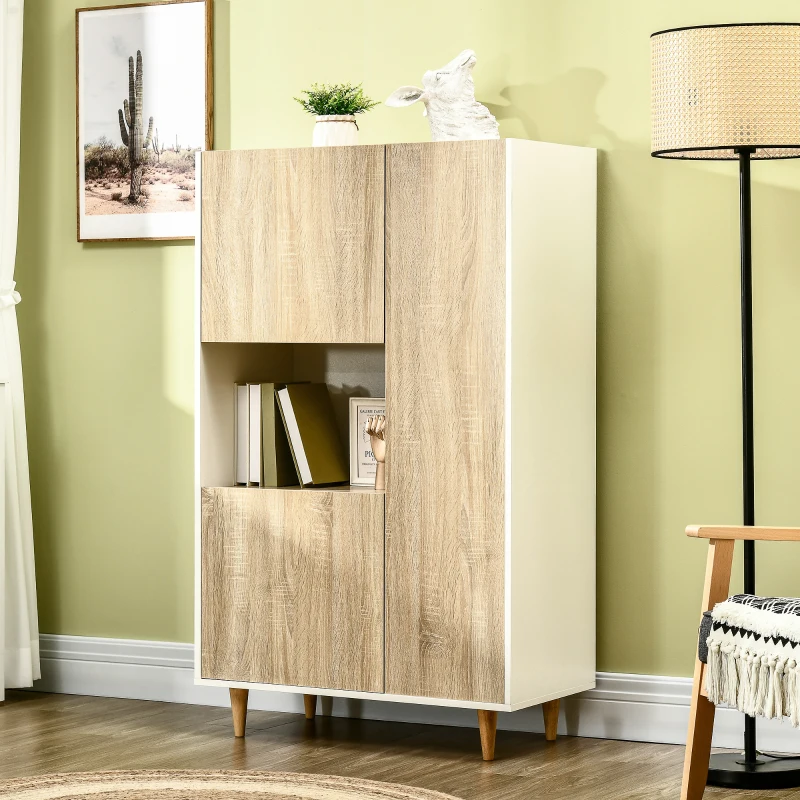 HOMCOM Armário de Sala de Estar com 3 Portas e 6 Compartimentos Móvel Auxiliar com Pés Elevados 81x43x135cm Carvalho e Branco