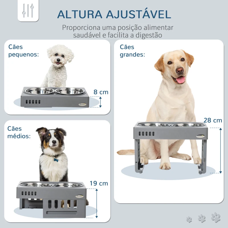 PawHut Comedouro Elevado para Cães com 2 Tigelas Desmontáveis de 1200ml e Altura Ajustável de 3 Níveis Comedouro para Animais de Estimação com Tigelas de Aço Inoxidável 44x27,7x28cm Cinza