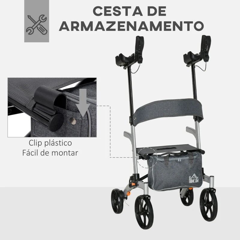 HOMCOM Andador para Idosos Dobrável de Alumínio com Altura Ajustável Assento 4 Rodas Freios Manuais Apoio para os Braços e Bolsa para Pessoas Maiores 73x64x106-136cm Cinza
