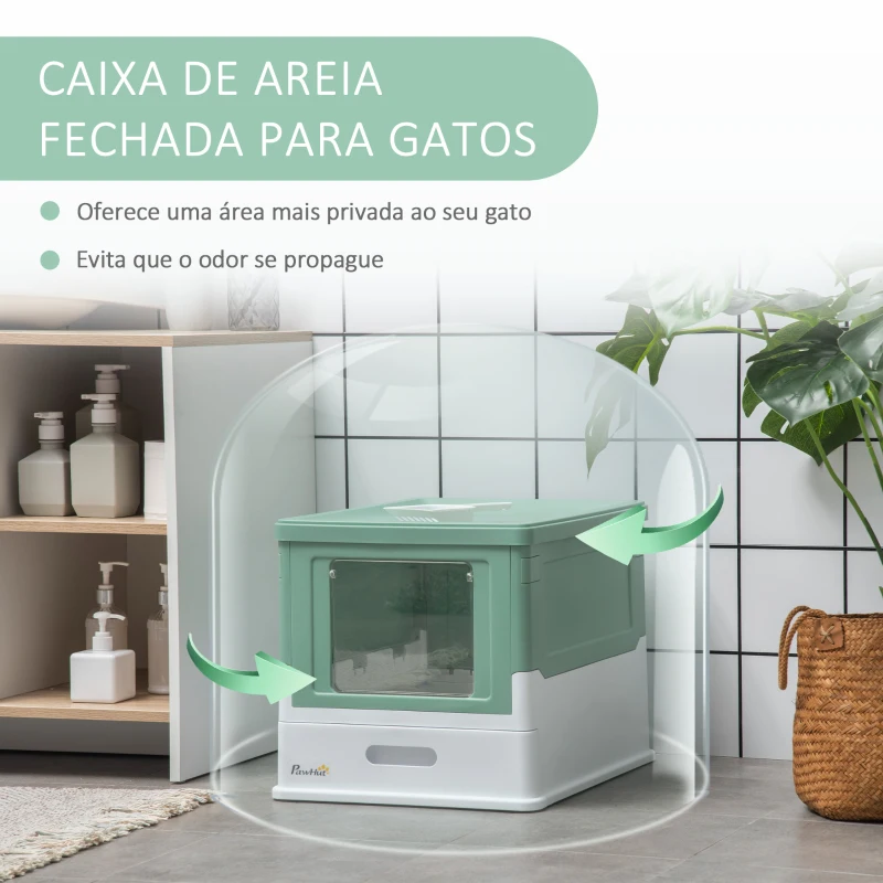 PawHut Caixa de Areia para Gatos Dobrável Caixa de Areia para Gatos Fechada com Bandeja Removível e Pá 47,5x35,5x36,7cm Verde