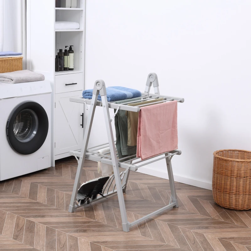 HOMCOM Estendal Elétrico Dobrável de 2 Níveis 210W Secador de Roupa com Suporte para 2 Sapatos 66x64x101cm Prata