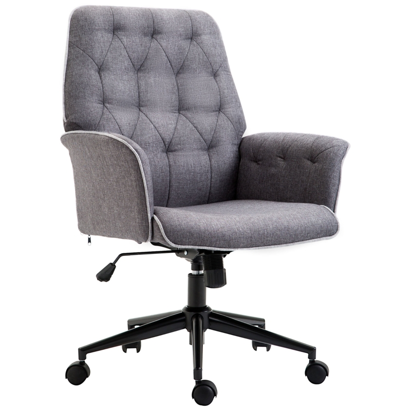 HOMCOM Linen Office Chair, Mid Back Computer Desk Chair with Adjustable Height, Grey