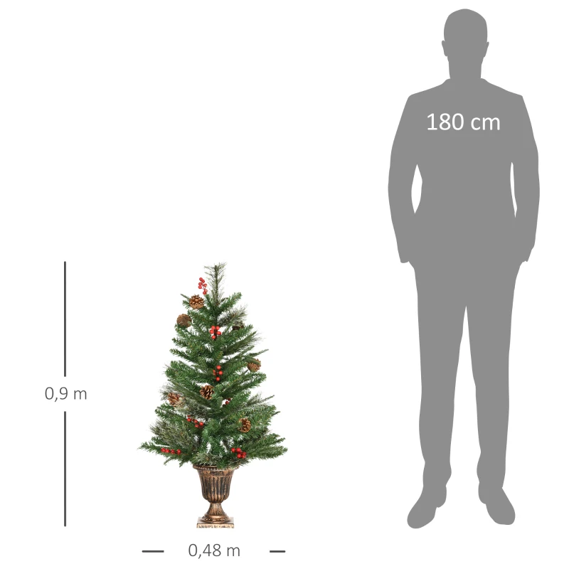 HOMCOM Conjunto de 2 Árvores de Natal Artificial 90cm com Vaso Ignífugo com 110 Ramos 70 Bagas 8 Pinhas e Folhas de PVC Verde