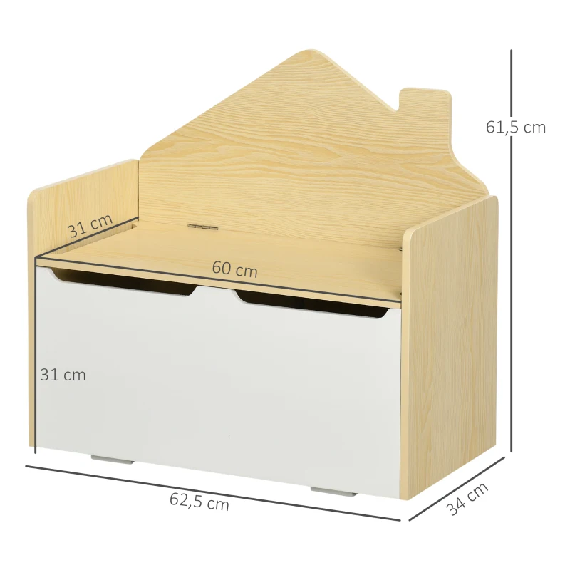 HOMCOM Baúl de Juguetes para Niños de +18 Meses Banco Infantil de Madera con Tapa y Respaldo Alto 62,5x34x61,5 cm Blanco