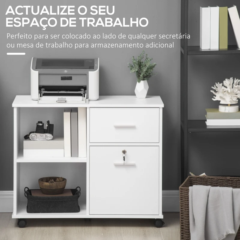 Vinsetto Armário para Impressora Móvel Auxiliar de Escritório com Rodas 2 Prateleiras 2 Gavetas Carga 30kg  80x40x66,5cm Branco