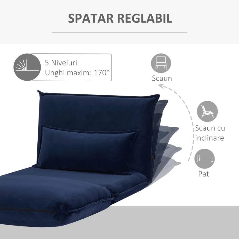 HOMCOM Scaun cu spatar reglabil in 5 pozitii si scaun captusit, din otel, spuma si poliester, albastru inchis(m-3)