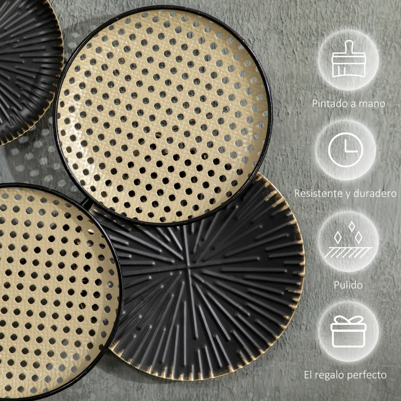 HOMCOM Decoración de Pared de Metal 3D Diseño de Círculos Adorno de Pared Metálico para Salón 100x48 cm Negro y Marrón