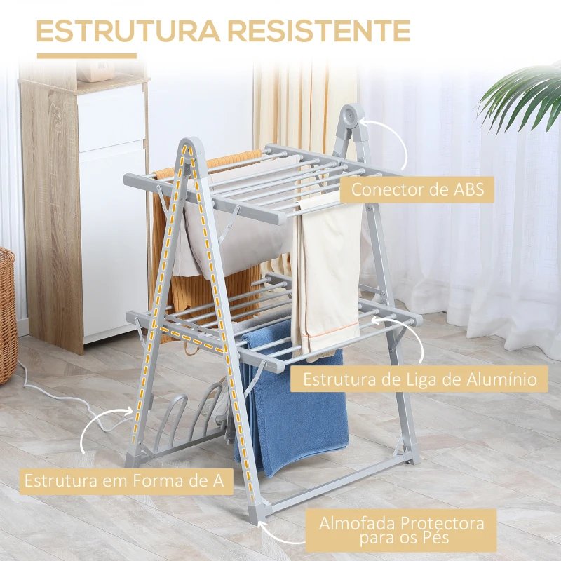 HOMCOM Estendal Elétrico Dobrável de 2 Níveis 210W Secador de Roupa com Suporte para 2 Sapatos 66x64x101cm Prata