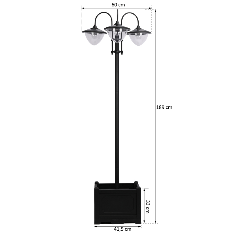 Outsunny Candeeiro Solar de Jardim com 18 Luzes LED Branco Frio 6000K Impermeável IP44 Sensor de Noite e Base em Forma de Floreira Candeeiro de Exterior para Terraço Pátio 60x55x189cm Preto