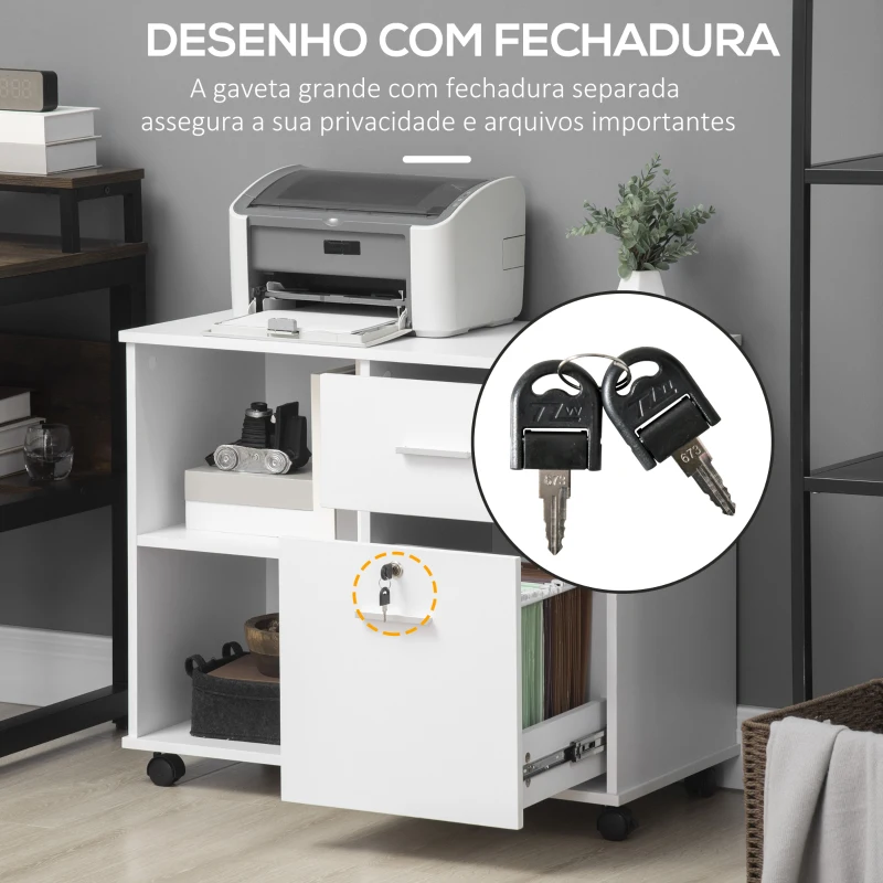 Vinsetto Armário para Impressora Móvel Auxiliar de Escritório com Rodas 2 Prateleiras 2 Gavetas Carga 30kg  80x40x66,5cm Branco
