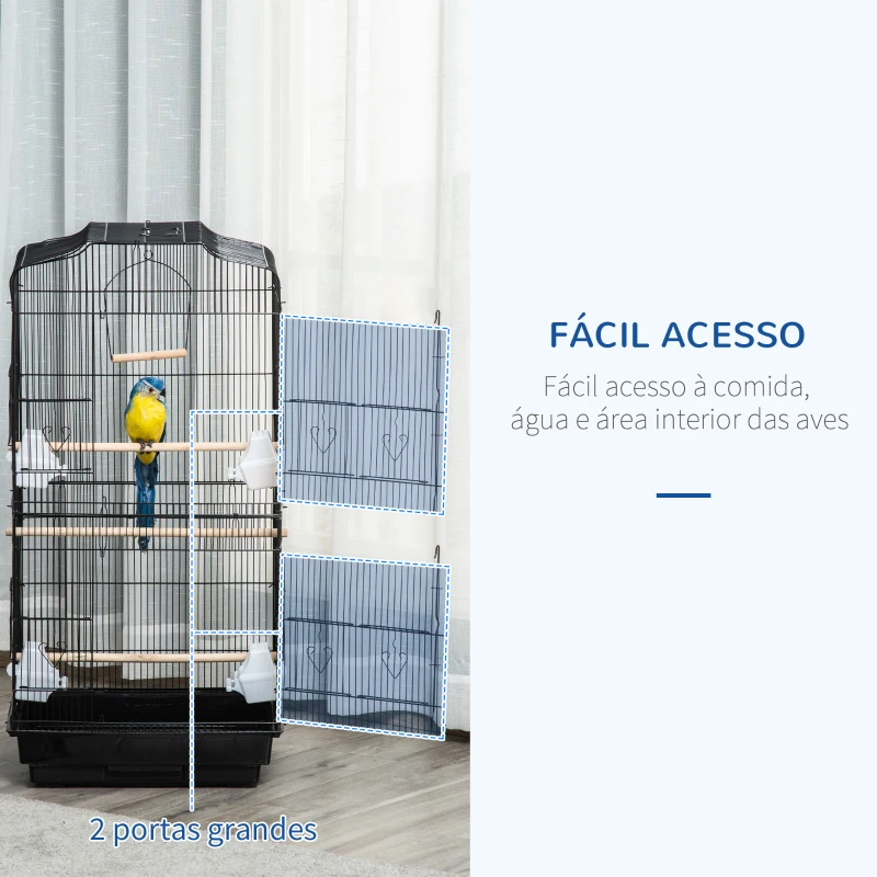 PawHut Gaiola para Passáros Gaiola de Metal com Portas 4 Comedouros 3 Poleiros Baloiço Bandeja Removível e Alça de Transporte para Papagaio Canário Periquito 46,5x35,5x92cm Preto