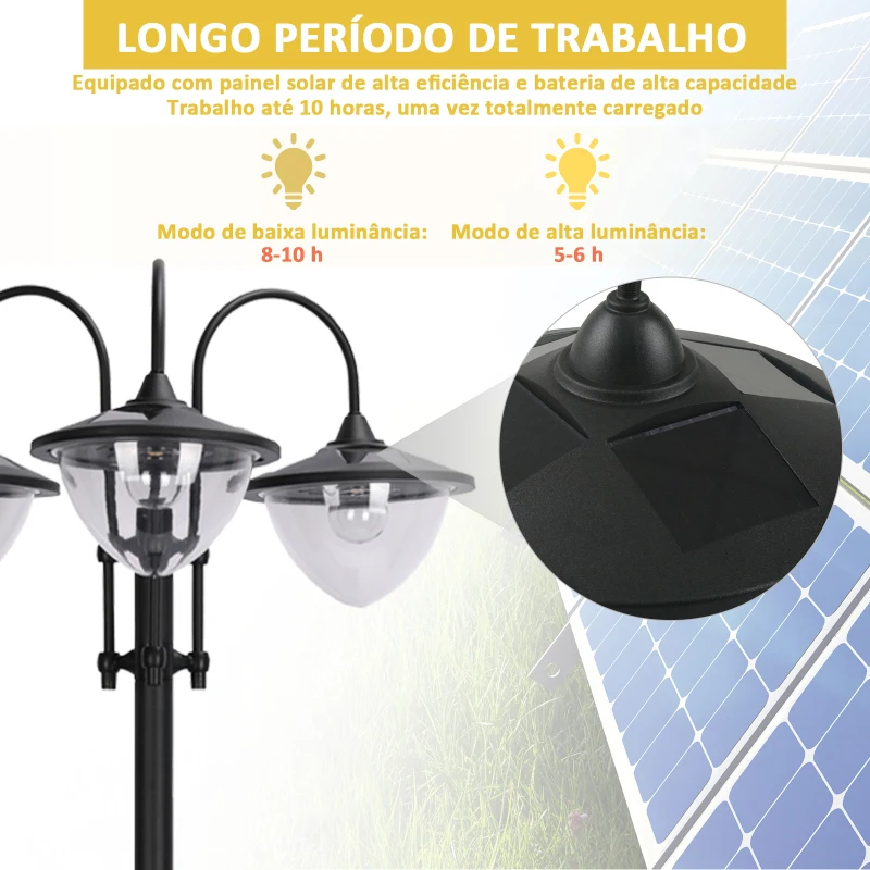 Outsunny Candeeiro Solar de Jardim com 18 Luzes LED Branco Frio 6000K Impermeável IP44 Sensor de Noite e Base em Forma de Floreira Candeeiro de Exterior para Terraço Pátio 60x55x189cm Preto