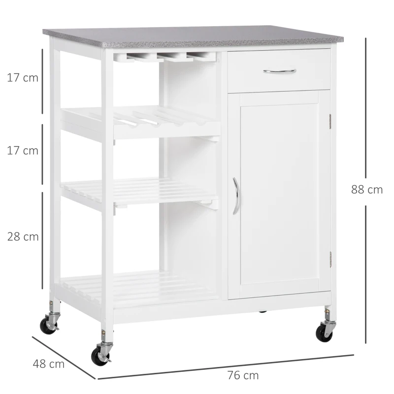 HOMCOM Carrinho de Cozinha com Rodas 1 Gaveta Prateleiras Suporte para 4 Garrafas e Armário Carga 40kg 76x48x88cm Branco e Cinza