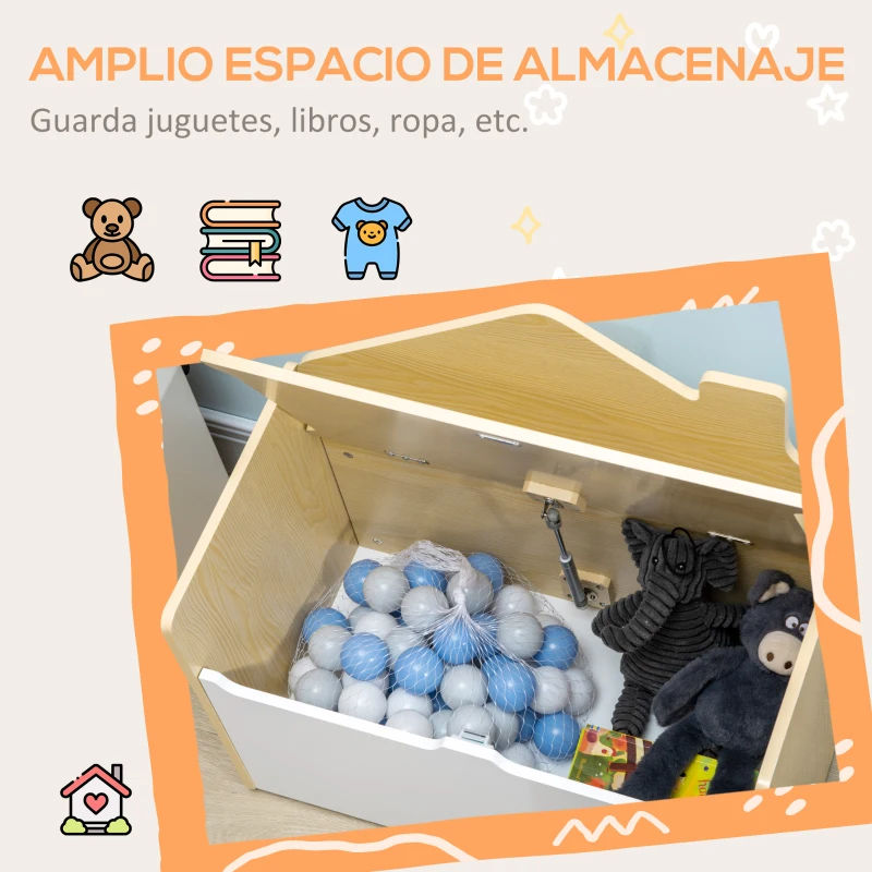 HOMCOM Baúl de Juguetes para Niños de +18 Meses Banco Infantil de Madera con Tapa y Respaldo Alto 62,5x34x61,5 cm Blanco