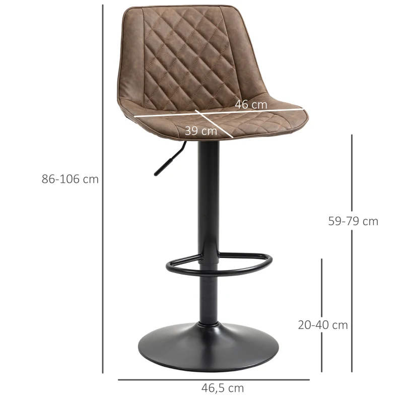 HOMCOM Conjunto de Bancos de Bar Estofados em PU Bancos Altos de Sala de Jantar com Altura Ajustável Assento Giratório e Apoio para os Pés Carga Máxima 120kg 46,5x51x86-106cm Marrom