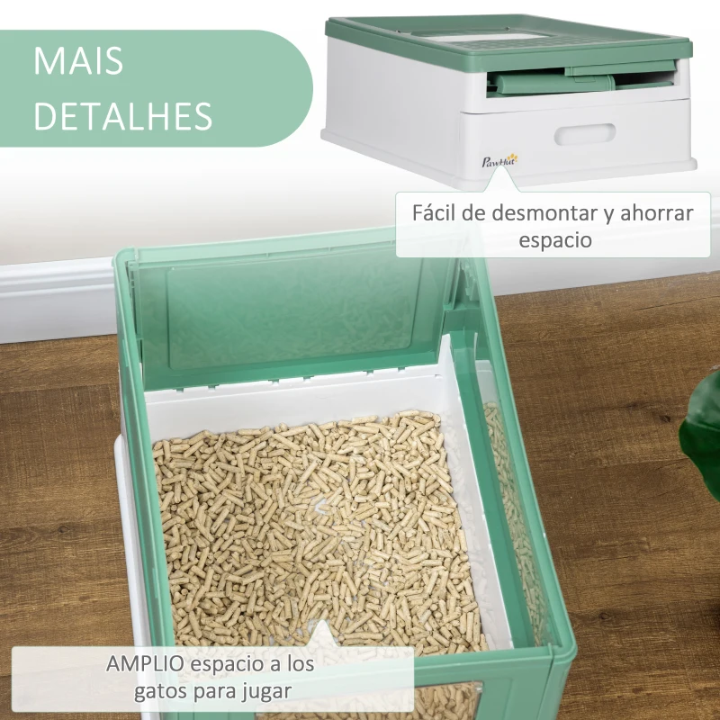 PawHut Caixa de Areia para Gatos Dobrável Caixa de Areia para Gatos Fechada com Bandeja Removível e Pá 47,5x35,5x36,7cm Verde