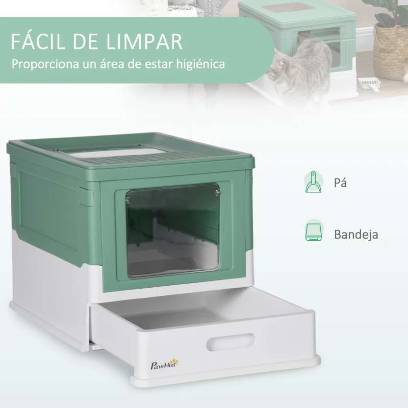PawHut Caixa de Areia para Gatos Dobrável Caixa de Areia para Gatos Fechada com Bandeja Removível e Pá 47,5x35,5x36,7cm Verde