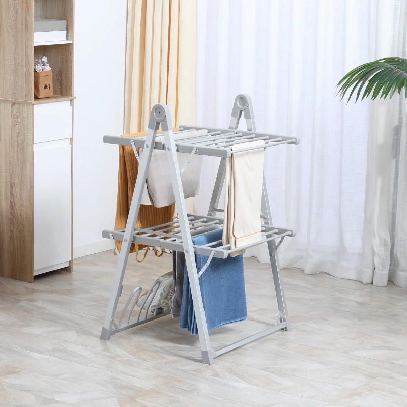 HOMCOM Estendal Elétrico Dobrável de 2 Níveis 210W Secador de Roupa com Suporte para 2 Sapatos 66x64x101cm Prata