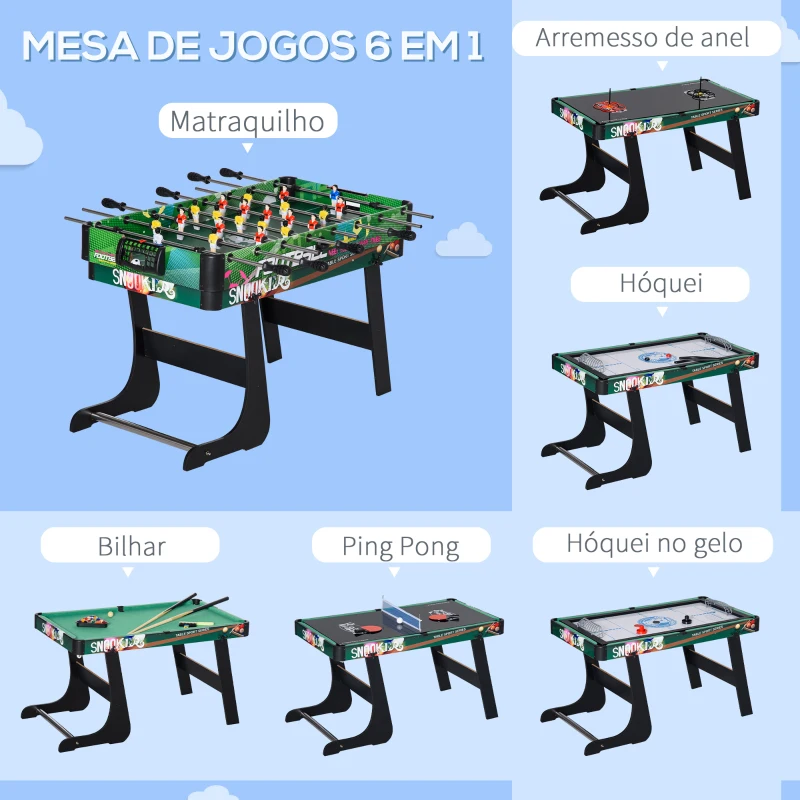 HOMCOM Mesa de Jogos 6 em 1 Dobrável Bilhar Matraquilho Ping Pong Lançamento de Anéis Hóquei com Bastão e Hóquei com Discos 118x104x71cm Multicor