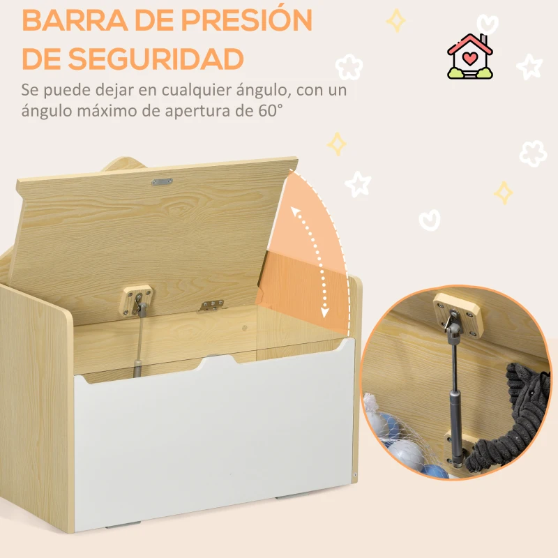 HOMCOM Baúl de Juguetes para Niños de +18 Meses Banco Infantil de Madera con Tapa y Respaldo Alto 62,5x34x61,5 cm Blanco