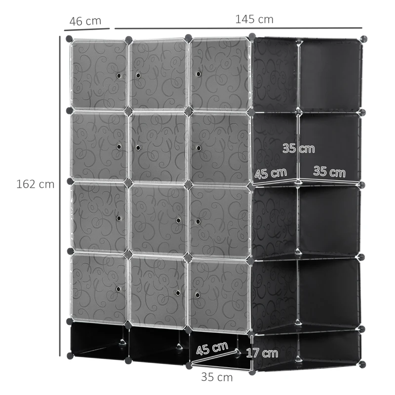 HOMCOM Armário Modular de Plástico Armário Portátil com 16 Cubos e 2 Barras Organizador de Sapatos Roupas Brinquedos para Entrada Corredor Dormitório 145x46x162cm Preto e Branco