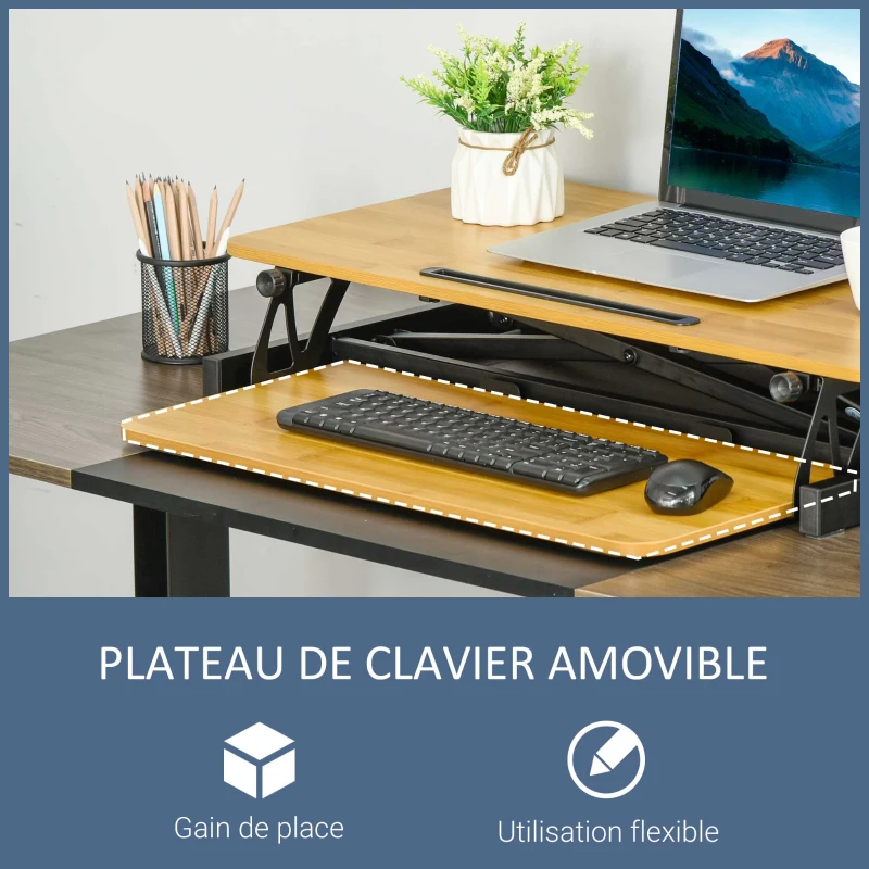 Vinestto Convertisseur bureau assis-debout poste de travail surélevé hauteur réglable clavier coulissant fente tablette/smartphone panneaux de particules acier 80 x 40 x 13,5-51 cm bois naturel noir