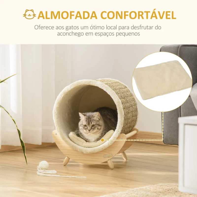 PawHut Cama Elevada para Gatos Caverna para Gatos Tipo Barril com Superfície para Arranhar e Almofada 41x38x43cm Madeira