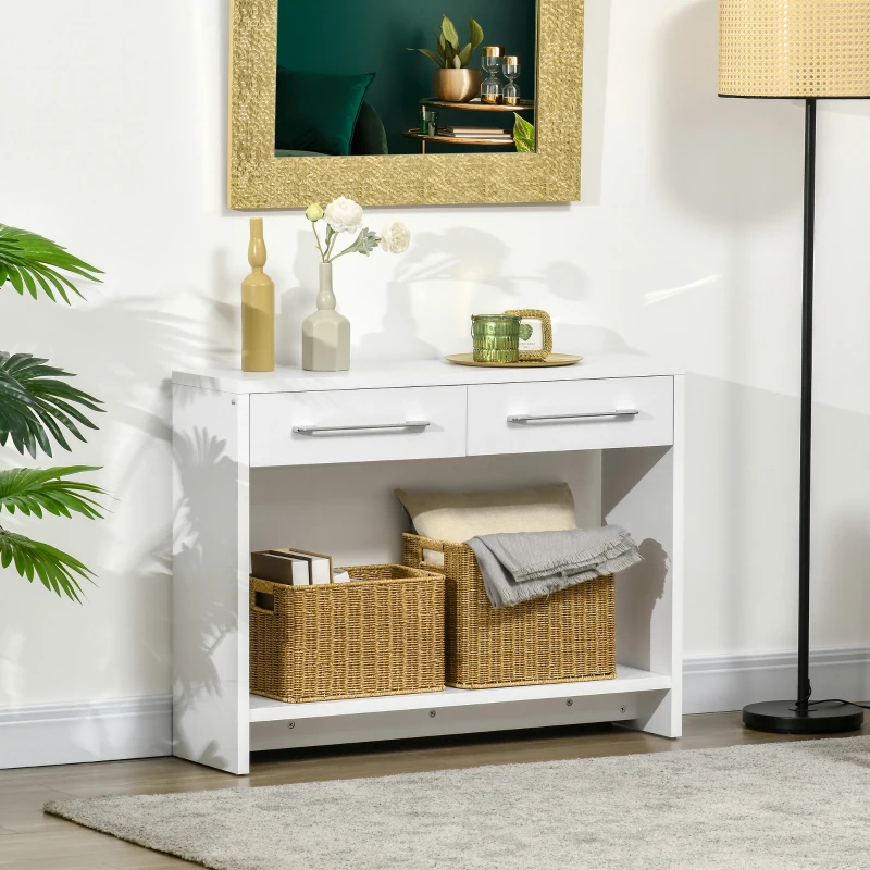 HOMCOM Mesa Consola com 2 Gavetas Prateleira de Armazenamento Móvel de Entrada Estilo Moderno Carga 50kg 101,6x28x76,2cm Branco