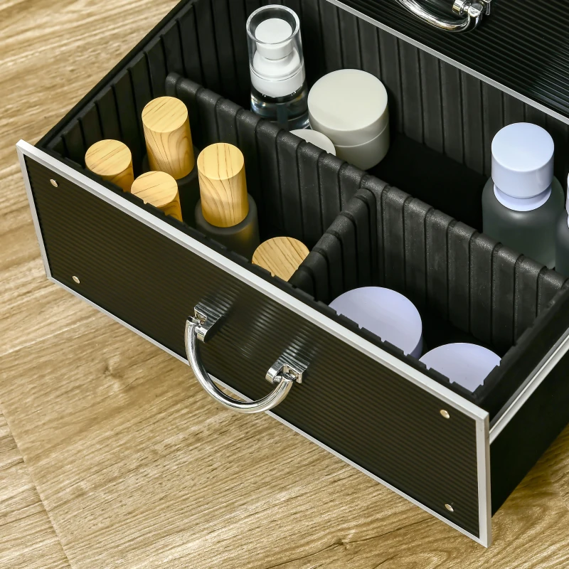 HOMCOM Mala de Maquilhagem Professional com Rodas 6 Gavetas Extensíveis Fechadura 2 Chaves e Alça Retrátil 36x23x58cm Preto