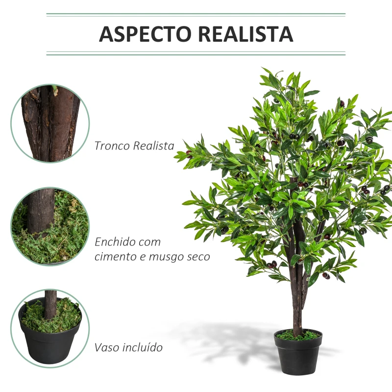 Outsunny Planta Artificial com Altura 120cm Oliveira Artificial com 1080 Azeitonas Folhas Realistas e 108 Frutos Decoração Verde