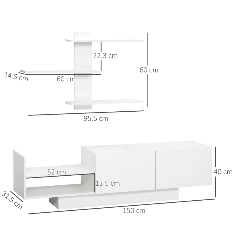 HOMCOM Mobile TV Moderno con Armadietto e Mensola a Muro in Legno, Bianco
