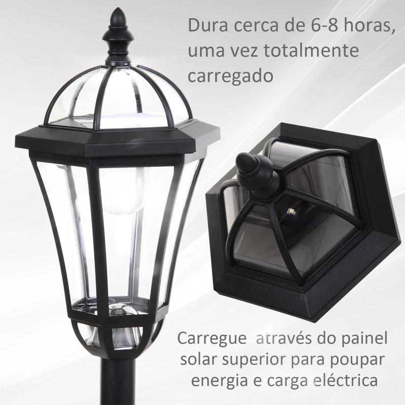 Outsunny Conjunto de Candeeiros Solares de Jardim com Luzes LED Branca 3500K Impermeável IP44 Sensor de Noite 2 Candeeiros de Exterior para Terraço Pátio 18,5x18,5x129cm Preto