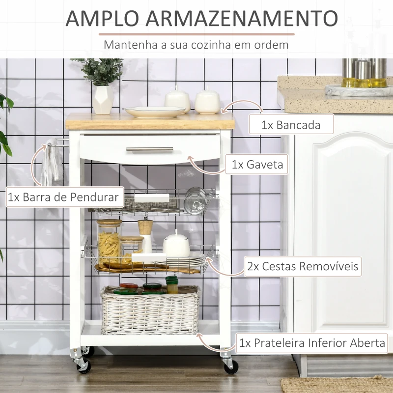HOMCOM Carrinho de Cozinha com Rodas 1 Gaveta 2 Cestas Removíveis Prateleira Inferior Pendurar Carga 22,7kg 63x40x86cm Branco
