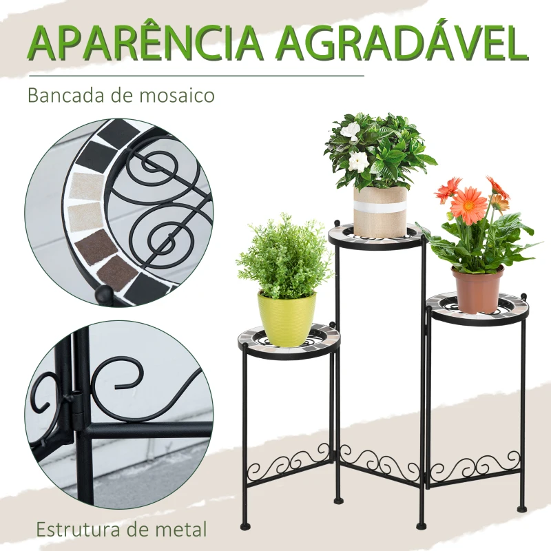 Outsunny Suporte de Metal para Plantas Dobrável Suporte para Flores com 3 Prateleiras com Bordas de Azulejo para Decoração de Interiores e Exteriores 60x22x65cm Preto