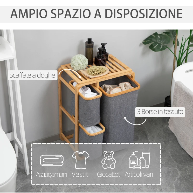 HOMCOM Cesto Portabiancheria con 3 Scomparti in Tessuto e Bambù, 50x32x69.7cm