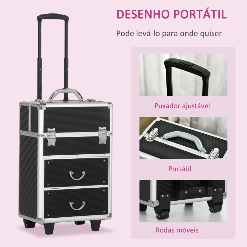 HOMCOM Mala de Maquilhagem Professional com Rodas 6 Gavetas Extensíveis Fechadura 2 Chaves e Alça Retrátil 36x23x58cm Preto